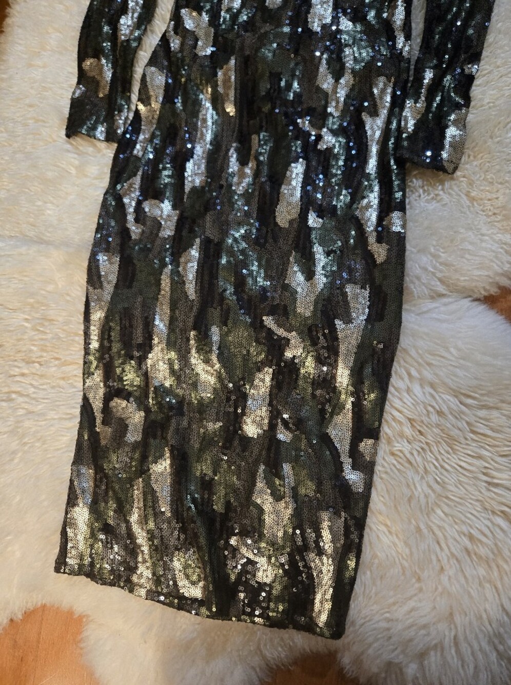 Zara Kahki Sequin Camo Bodycon High Neck Long Sleeve Midi Event Dress Size Small - Picture 11 of 14